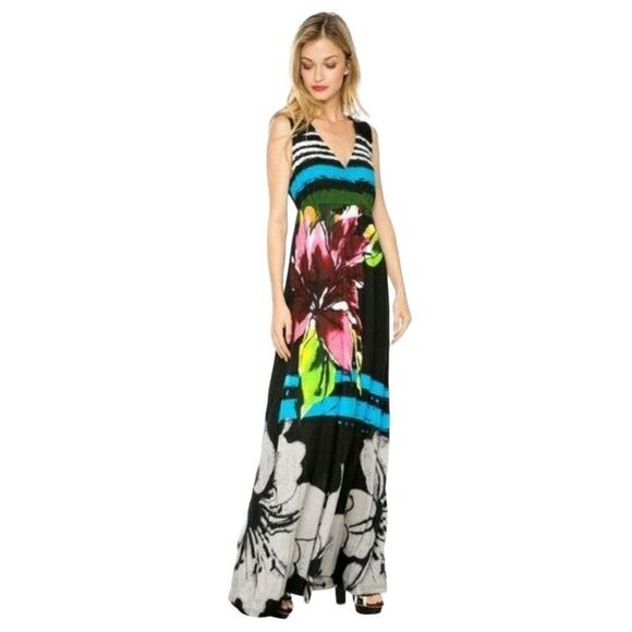 Desigual‎ Maxi Dress Septiembre Crochet Back Colorful Floral Black Medium - Picture 1 of 10